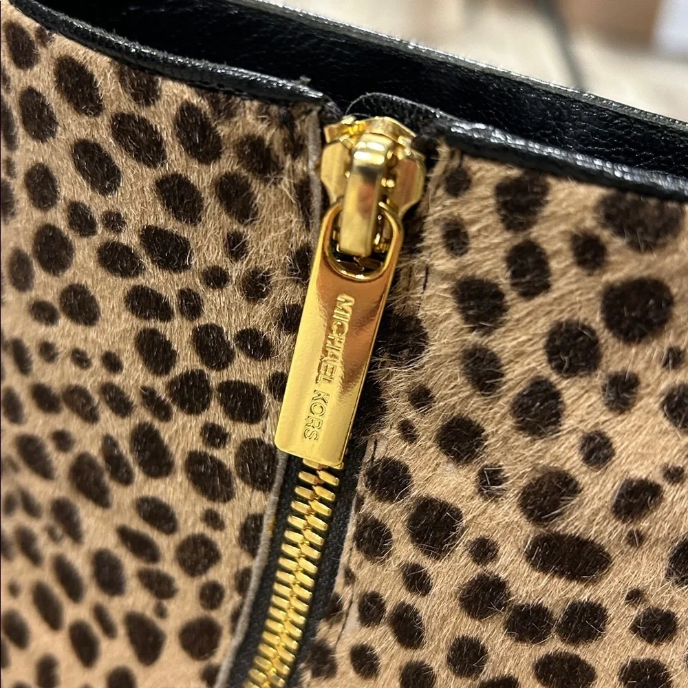 Michael Kors Leopard Calf Hair Embossed Leather Gold Zip Chunky Heel Ankle Boots